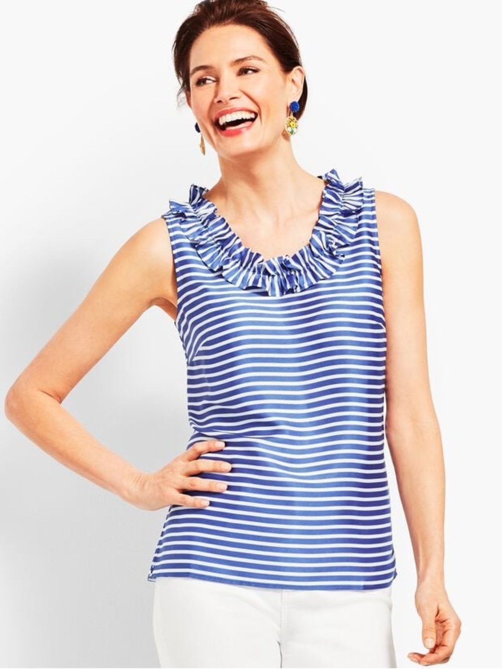 Talbots Blue and White Striped Ruffle Neck Sleeveless Top